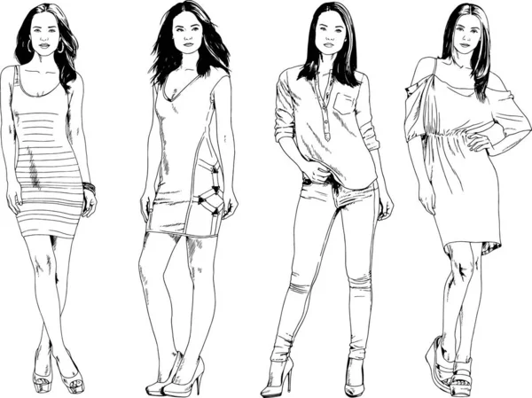 Dibujos Vectoriales Sobre Tema Hermosa Chica Deportiva Delgada Ropa Casual — Vector de stock