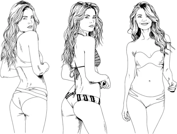 Dessins Vectoriels Croquis Belles Filles Blondes Maillot Bain Dans Des — Image vectorielle