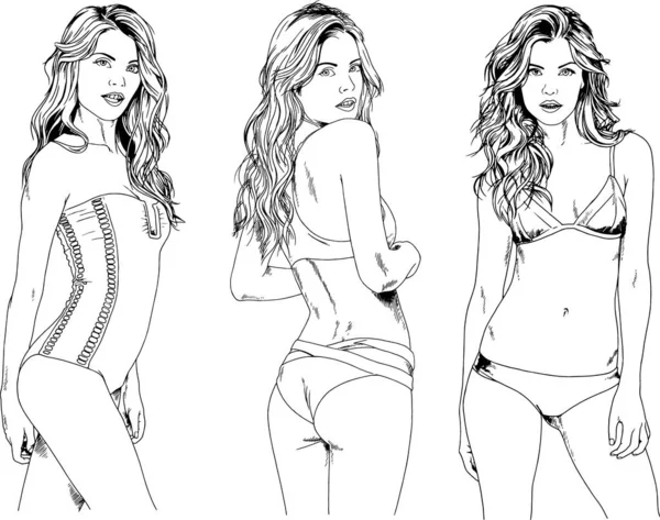 Vector Drawings Sketches Beautiful Girls Blondes Swimsuits Sexual Poses Drawn — Stock Vector