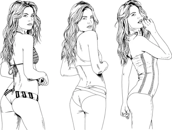 Dessins Vectoriels Croquis Belles Filles Blondes Maillot Bain Dans Des — Image vectorielle