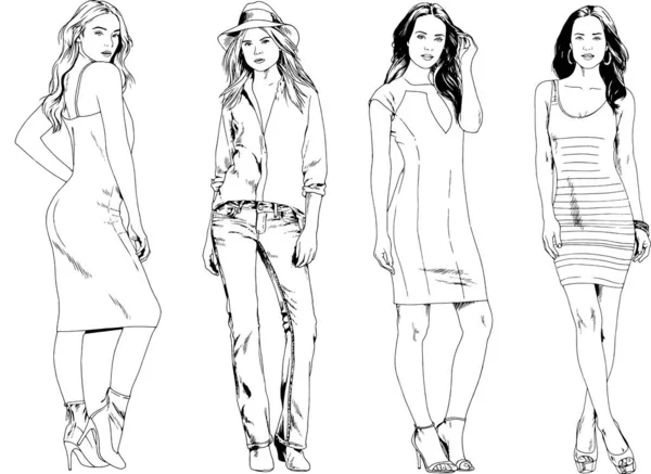 Dibujos Vectoriales Sobre Tema Hermosa Chica Deportiva Delgada Ropa Casual — Vector de stock