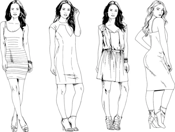 Dibujos Vectoriales Sobre Tema Hermosa Chica Deportiva Delgada Ropa Casual — Vector de stock