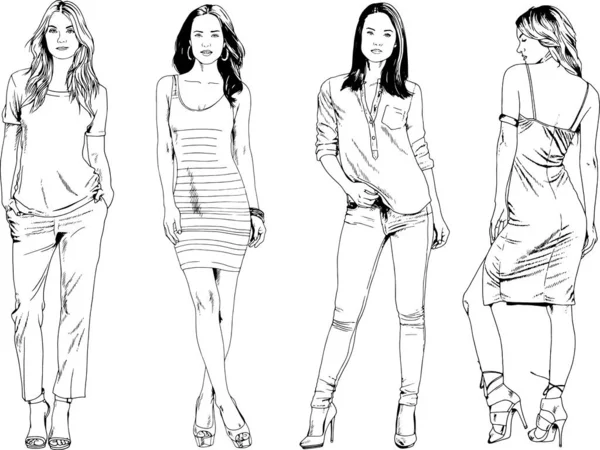 Vector Drawings Theme Beautiful Slim Sporty Girl Casual Clothes Various — Stock Vector