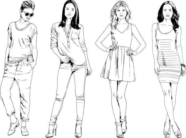 Desenhos Vetoriais Sobre Tema Menina Desportiva Magro Bonita Roupas Casuais — Vetor de Stock