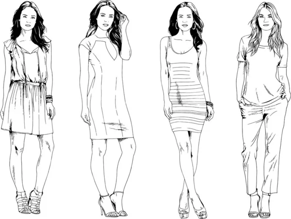 Dibujos Vectoriales Sobre Tema Hermosa Chica Deportiva Delgada Ropa Casual — Vector de stock