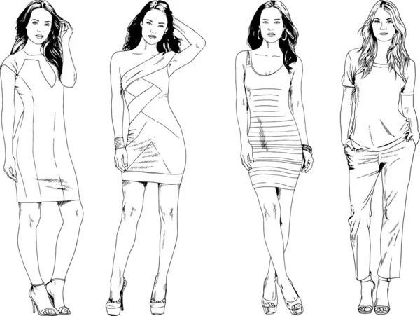 Dibujos Vectoriales Sobre Tema Hermosa Chica Deportiva Delgada Ropa Casual — Vector de stock