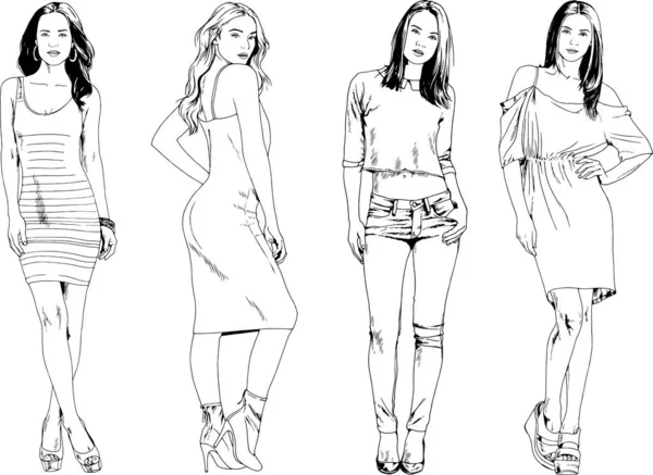 Dibujos Vectoriales Sobre Tema Hermosa Chica Deportiva Delgada Ropa Casual — Vector de stock