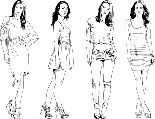 Desenhos Vetoriais Sobre Tema Menina Desportiva Magro Bonita Roupas Casuais — Vetor de Stock