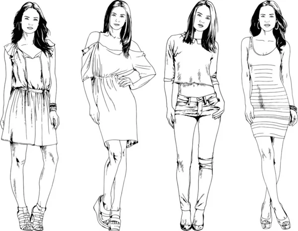 Desenhos Vetoriais Sobre Tema Menina Desportiva Magro Bonita Roupas Casuais — Vetor de Stock