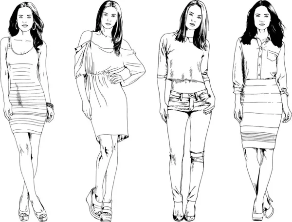 Desenhos Vetoriais Sobre Tema Menina Desportiva Magro Bonita Roupas Casuais — Vetor de Stock