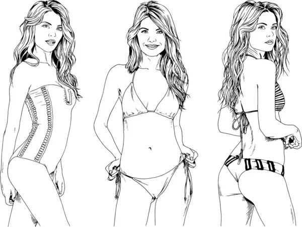 Vector Drawings Sketches Beautiful Girls Blondes Swimsuits Sexual Poses Drawn — Stock Vector