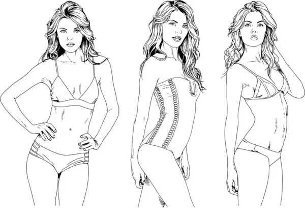 Dibujos Vectoriales Bocetos Hermosas Chicas Rubias Trajes Baño Poses Sexuales — Vector de stock