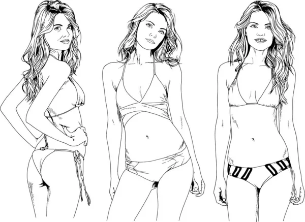 Vector Drawings Sketches Beautiful Girls Blondes Swimsuits Sexual Poses Drawn — Stock Vector