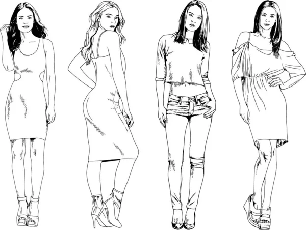 Dibujos Vectoriales Sobre Tema Hermosa Chica Deportiva Delgada Ropa Casual — Vector de stock