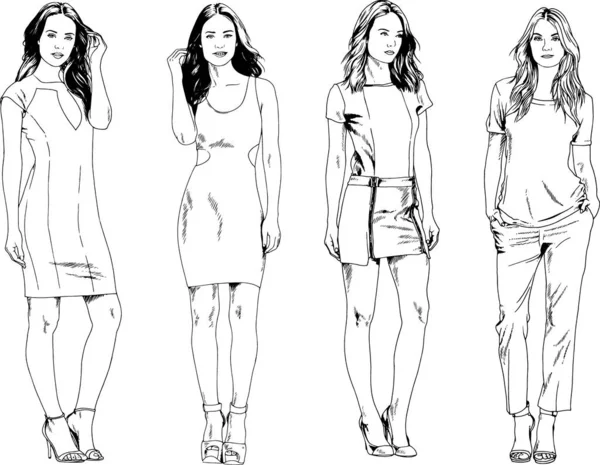 Dibujos Vectoriales Sobre Tema Hermosa Chica Deportiva Delgada Ropa Casual — Vector de stock