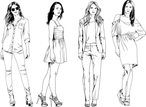 Vector Drawings Theme Beautiful Slim Sporty Girl Casual Clothes Various — Stock Vector