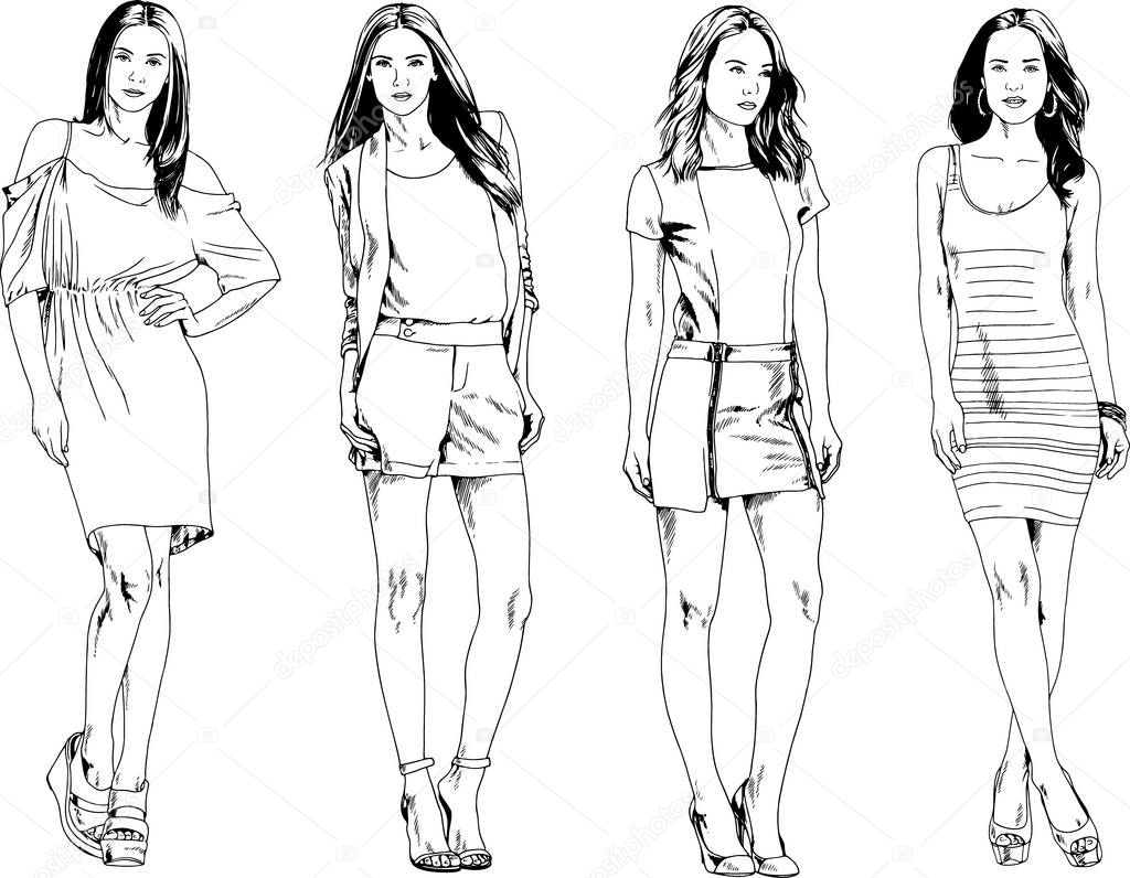 vector drawings on the theme of beautiful slim sporty girl in casual clothes in various poses painted ink hand sketch with no background