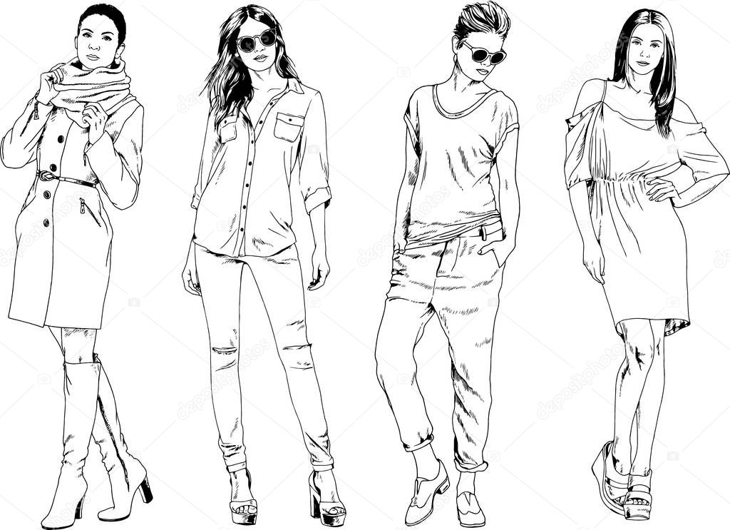 vector drawings on the theme of beautiful slim sporty girl in casual clothes in various poses painted ink hand sketch with no background