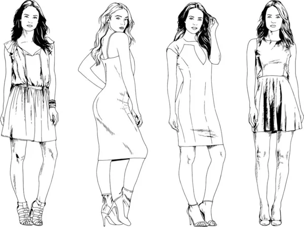 Dibujos Vectoriales Sobre Tema Hermosa Chica Deportiva Delgada Ropa Casual — Vector de stock