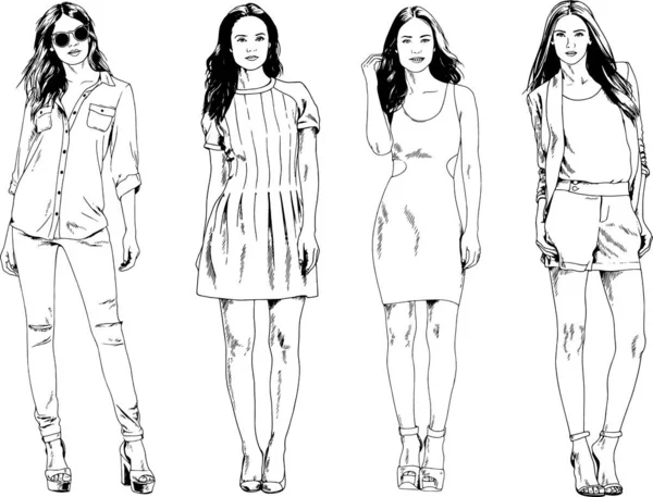 Dessins Vectoriels Sur Thème Belle Fille Sportive Mince Vêtements Décontractés — Image vectorielle