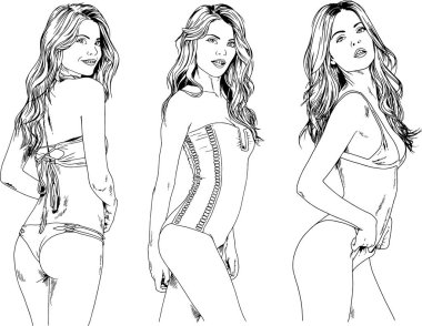 vektörel çizimler güzel kızlar sarışın mayolar mürekkeple elle çizilmiş cinsel teşkil etmektedir, skeçler, arka plan ile obje