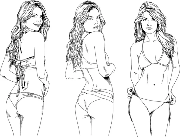 Desenhos Vetoriais Esboços Meninas Bonitas Loiras Maiôs Poses Sexuais Desenhadas —  Vetores de Stock
