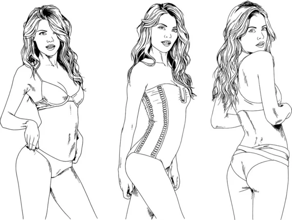 Dibujos Vectoriales Bocetos Hermosas Chicas Rubias Trajes Baño Poses Sexuales — Archivo Imágenes Vectoriales