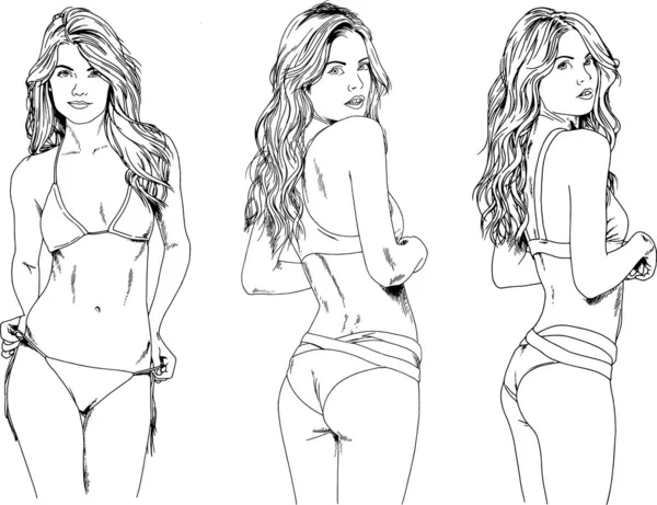 Dibujos Vectoriales Bocetos Hermosas Chicas Rubias Trajes Baño Poses Sexuales — Archivo Imágenes Vectoriales