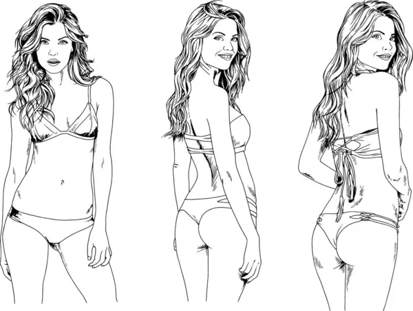 Vector Drawings Sketches Beautiful Girls Blondes Swimsuits Sexual Poses Drawn — Stock Vector
