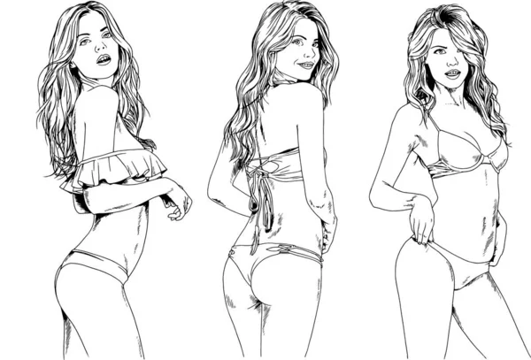 Dibujos Vectoriales Bocetos Hermosas Chicas Rubias Trajes Baño Poses Sexuales — Archivo Imágenes Vectoriales