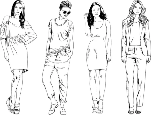 Desenhos Vetoriais Sobre Tema Menina Desportiva Magro Bonita Roupas Casuais — Vetor de Stock