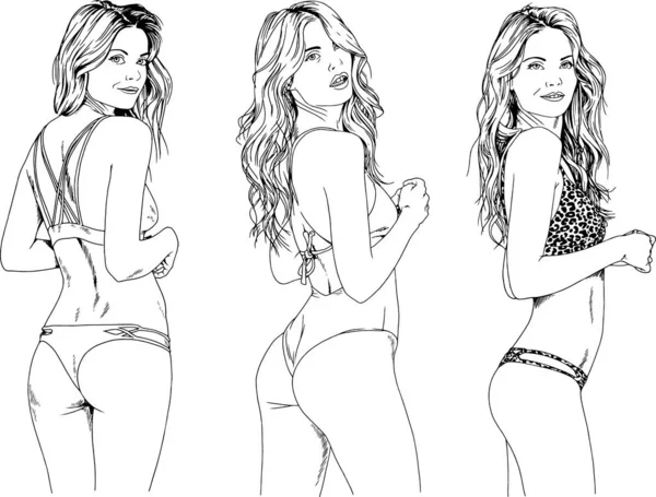 Desenhos Vetoriais Esboços Meninas Bonitas Loiras Maiôs Poses Sexuais Desenhadas —  Vetores de Stock