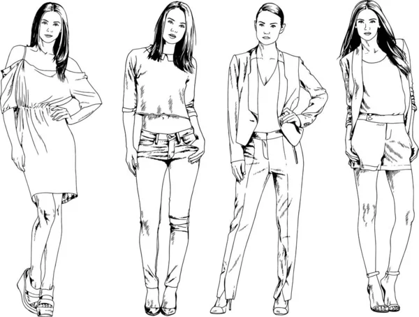 Desenhos Vetoriais Sobre Tema Menina Desportiva Magro Bonita Roupas Casuais — Vetor de Stock