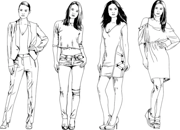 Dibujos Vectoriales Sobre Tema Hermosa Chica Deportiva Delgada Ropa Casual — Vector de stock