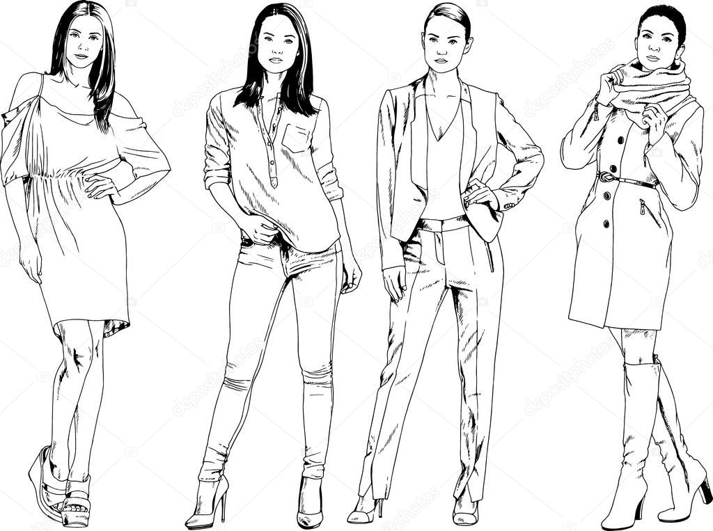 vector drawings on the theme of beautiful slim sporty girl in casual clothes in various poses painted ink hand sketch with no background