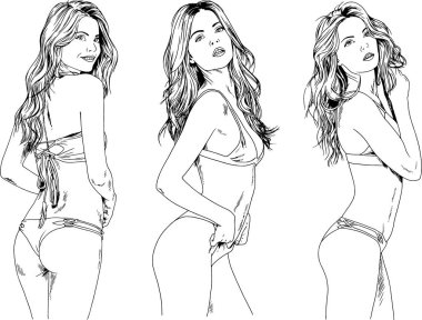 vektörel çizimler güzel kızlar sarışın mayolar mürekkeple elle çizilmiş cinsel teşkil etmektedir, skeçler, arka plan ile obje