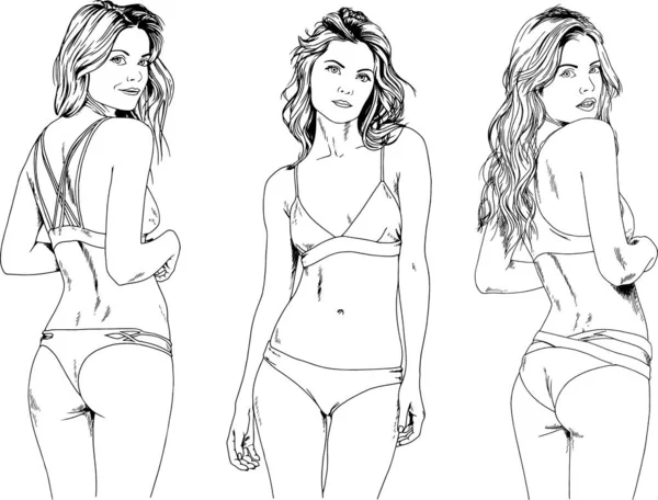 Dibujos Vectoriales Bocetos Hermosas Chicas Rubias Trajes Baño Poses Sexuales — Archivo Imágenes Vectoriales