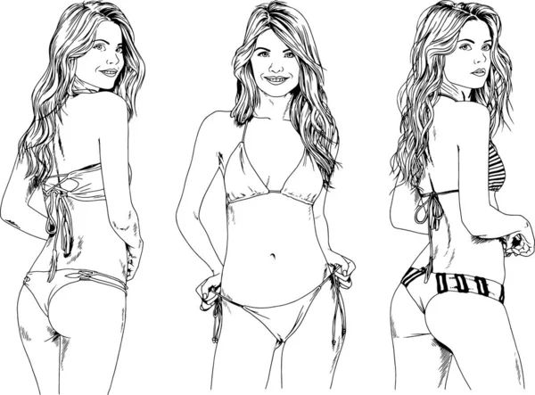 Dibujos Vectoriales Bocetos Hermosas Chicas Rubias Trajes Baño Poses Sexuales — Vector de stock