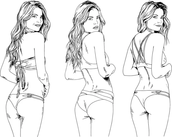 Vektor Zeichnungen Skizzieren Schöne Mädchen Blondinen Badeanzügen Sexuellen Posen Mit — Stockvektor