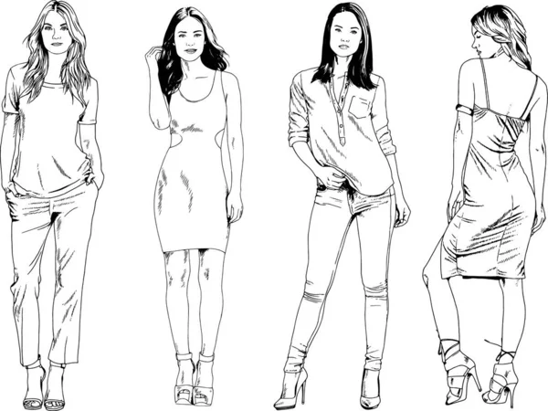 Dibujos Vectoriales Sobre Tema Hermosa Chica Deportiva Delgada Ropa Casual — Vector de stock