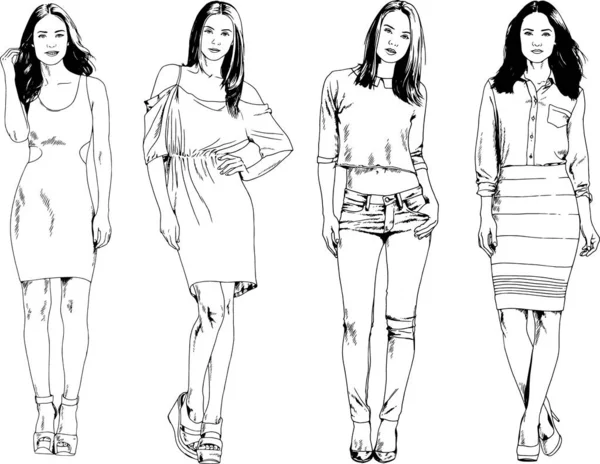 Desenhos Vetoriais Sobre Tema Menina Desportiva Magro Bonita Roupas Casuais — Vetor de Stock