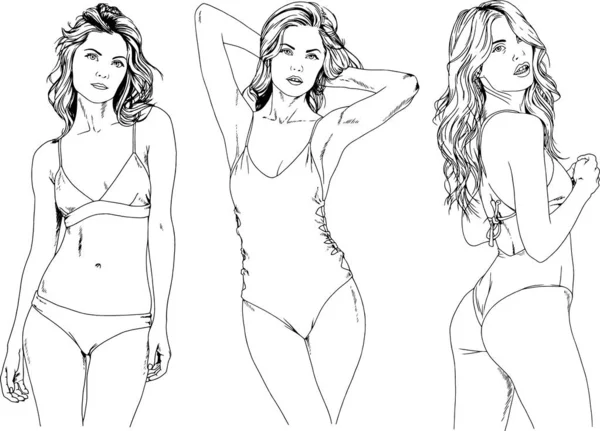 Dibujos Vectoriales Bocetos Hermosas Chicas Rubias Trajes Baño Poses Sexuales — Archivo Imágenes Vectoriales