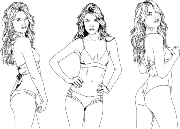 Dibujos Vectoriales Bocetos Hermosas Chicas Rubias Trajes Baño Poses Sexuales — Archivo Imágenes Vectoriales