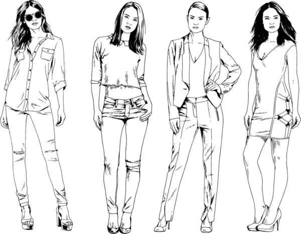 Vector Drawings Theme Beautiful Slim Sporty Girl Casual Clothes Various — Stock Vector