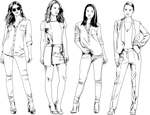 Dibujos Vectoriales Sobre Tema Hermosa Chica Deportiva Delgada Ropa Casual — Vector de stock