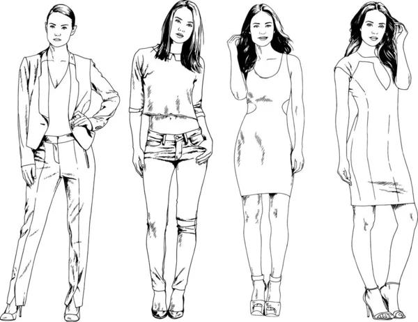 Dibujos Vectoriales Sobre Tema Hermosa Chica Deportiva Delgada Ropa Casual — Vector de stock