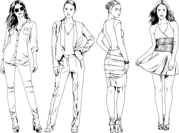 Desenhos Vetoriais Sobre Tema Menina Desportiva Magro Bonita Roupas Casuais — Vetor de Stock