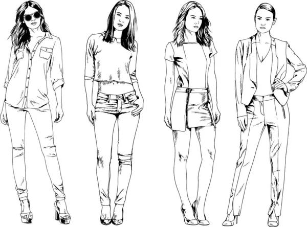 Vector Drawings Theme Beautiful Slim Sporty Girl Casual Clothes Various — Stock Vector