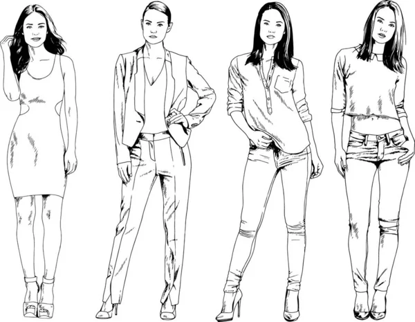 Desenhos Vetoriais Sobre Tema Menina Desportiva Magro Bonita Roupas Casuais — Vetor de Stock