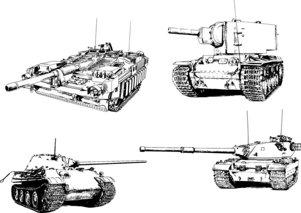 Kraftfull Tank Med Pistol Dragen Bläck Frihand Skiss — Stock vektor